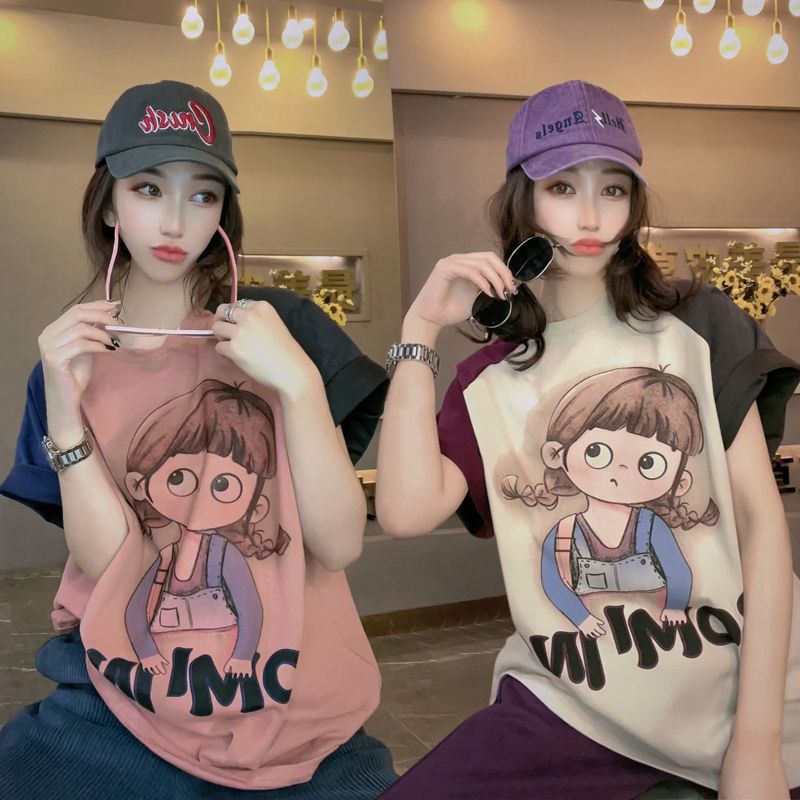 Chubby mm2-300 Super Large Spring and Summer New Color-matching Crewneck Short-sleeved T-shirt Women's Trendy Loose Salt Style Street-fried Age-reducing Top - Image 2