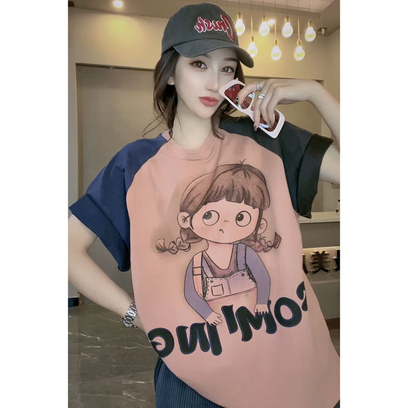 Chubby mm2-300 Super Large Spring and Summer New Color-matching Crewneck Short-sleeved T-shirt Women's Trendy Loose Salt Style Street-fried Age-reducing Top - Image 3