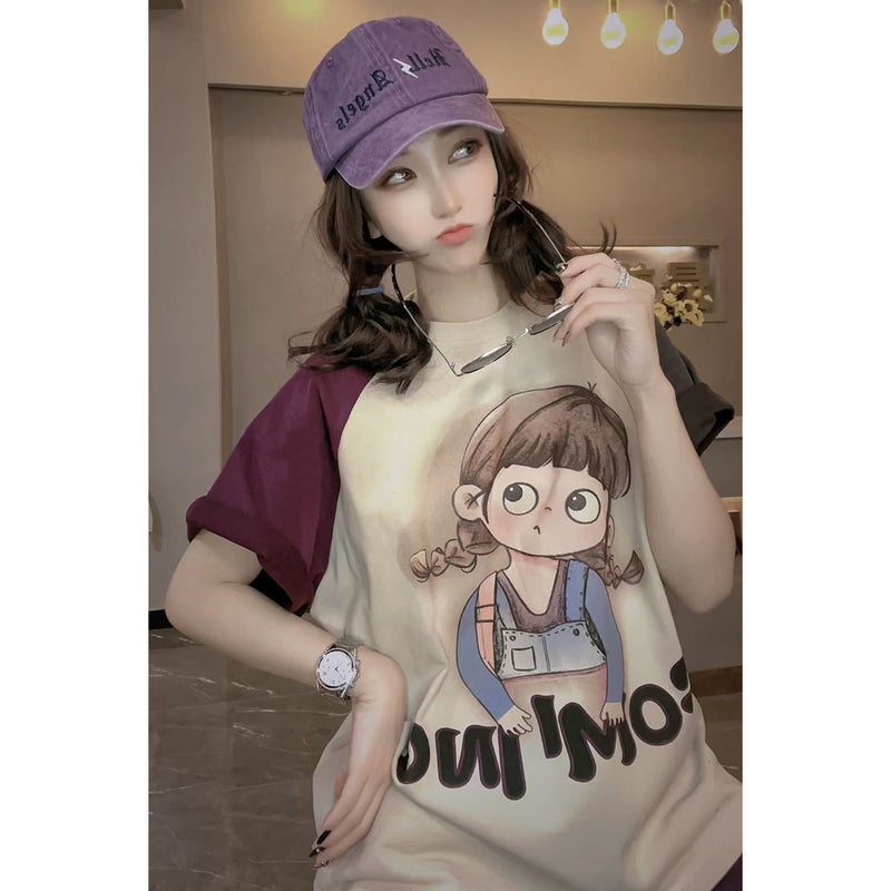 Chubby mm2-300 Super Large Spring and Summer New Color-matching Crewneck Short-sleeved T-shirt Women's Trendy Loose Salt Style Street-fried Age-reducing Top - Image 4