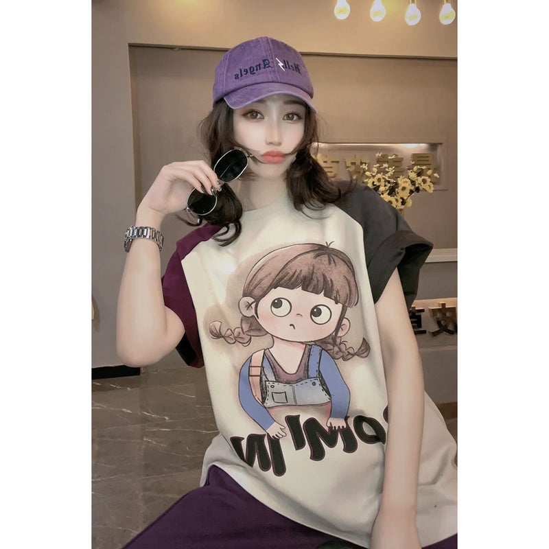 Chubby mm2-300 Super Large Spring and Summer New Color-matching Crewneck Short-sleeved T-shirt Women's Trendy Loose Salt Style Street-fried Age-reducing Top - Image 5