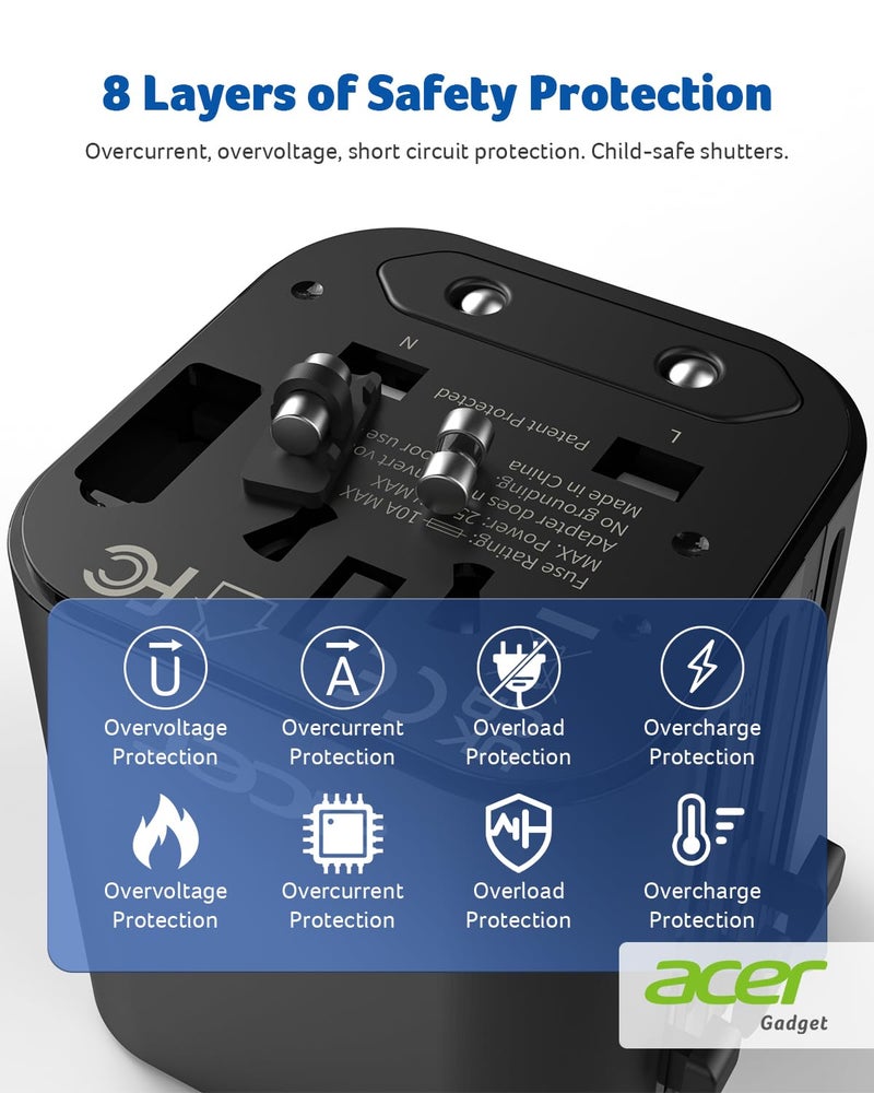 Acer US to Europe Plug Adapter, Universal Travel Adapter, International Power Adapter for USA to Europe UK France Germany Spain Ireland Australia (Type C/G/A/I),Black - Image 3