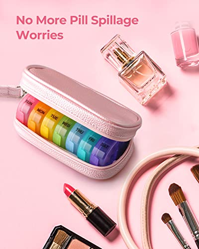 AMOOS Cute Pill Organizer 2 Times a Day, PU Leather Pill Case for Women, Portable Weekly Pill Box for Purse with Storage Bag to Hold Vitamins, Medications, Fish Oils, Supplements (Pink) - Image 2