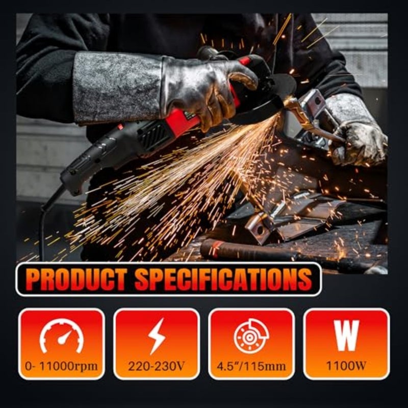 Angle Grinder AG15-06 Heavy Duty Copper Armature 115mm/4.5" Disc 11000 RPM With Grinding Wheel and Guard Powerful and Compact - Image 3
