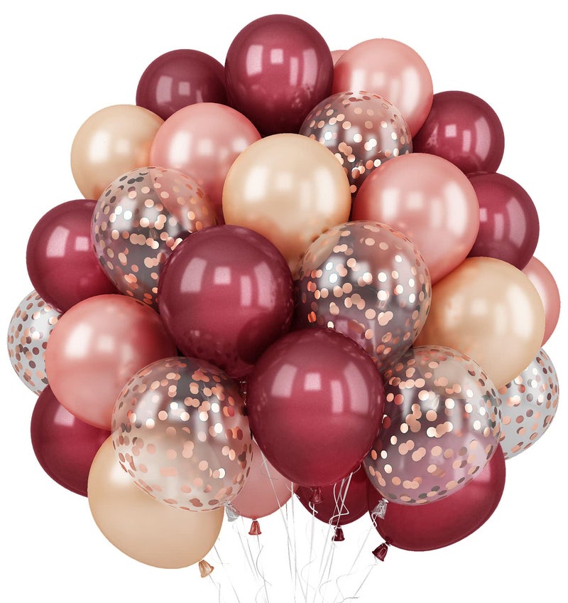 Togvu Balloons Burgundy Rose Gold, 60 Packs 12 Inches Wine Red Champagne Latex Balloon Rose Gold Confetti Balloons for Women Girls Birthday Wedding Bridal Shower Party Anniversary Decoration - Image 1
