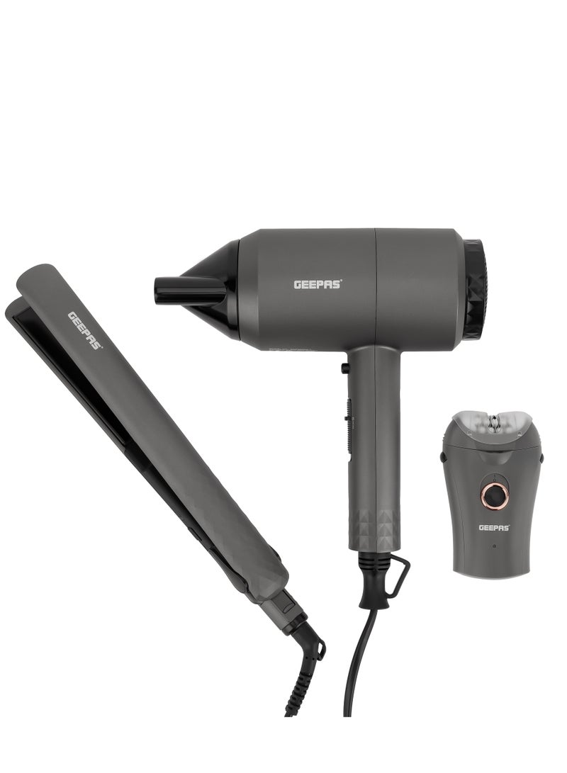 Geepas 3-in-1 Professional Styling Kit- GHF86068-Dryer, Straightener, Epilator, 2 Speed and 2 Level Temperature Setting, Ceramic Plates and Painless Hair Removal, Perfect for Salon and At Home Styling - Image 1