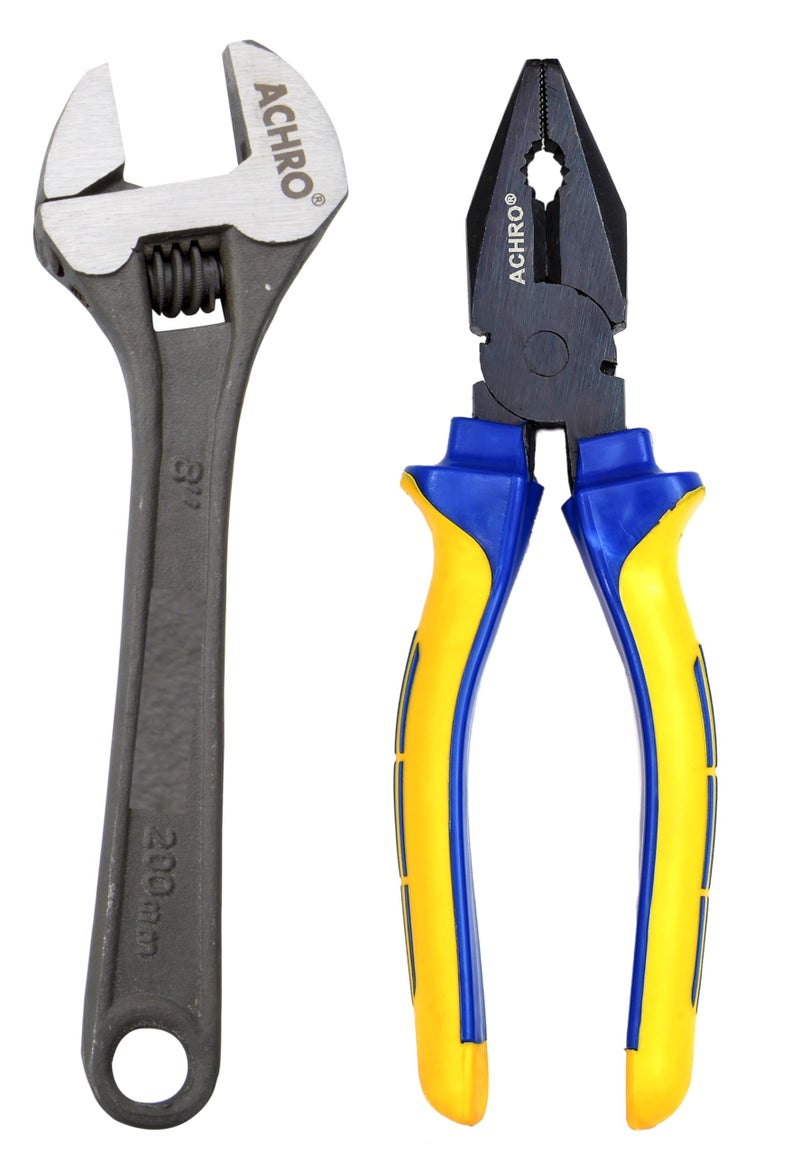 ACHRO Combo Pack Of 2 Contains 8 Inch adjustable Wrench and 8 Inch Combination Plier (Multipurpose Tool Kit) - Image 1