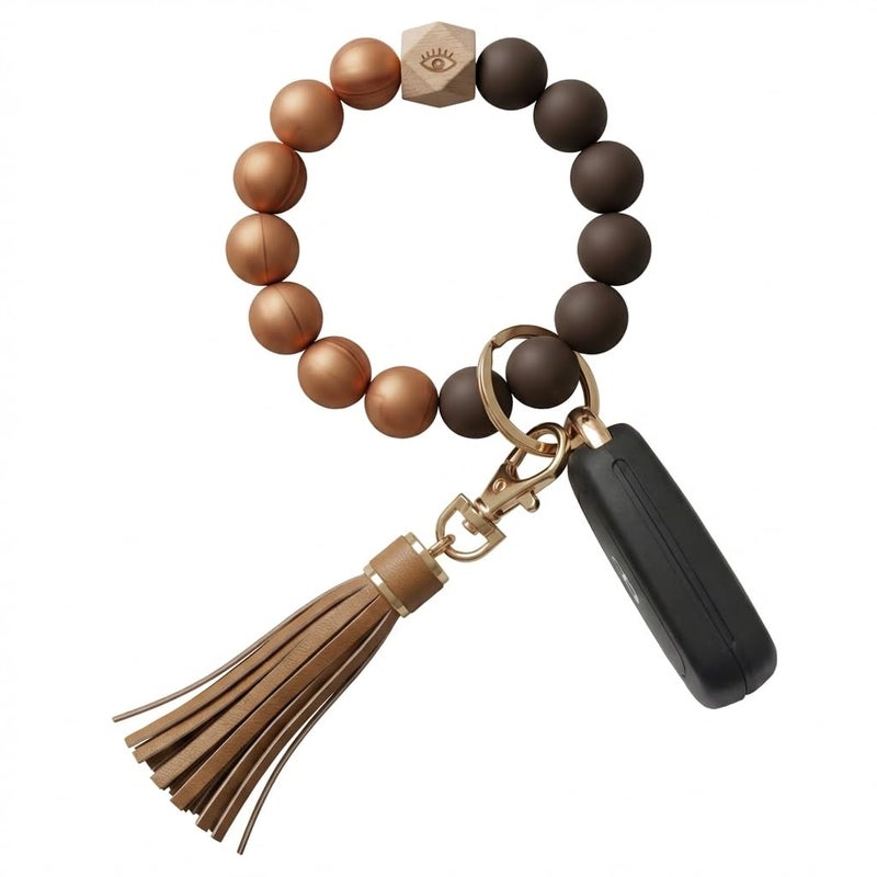 BIHRTC Silicone Beaded key Ring Wristlet PU Leather Tassel Keychain Bracelet Charm Portable House Car Keys Ring Holder Bangle Keychain Wristlet for Women Girls Wrist Key Chain - Image 1