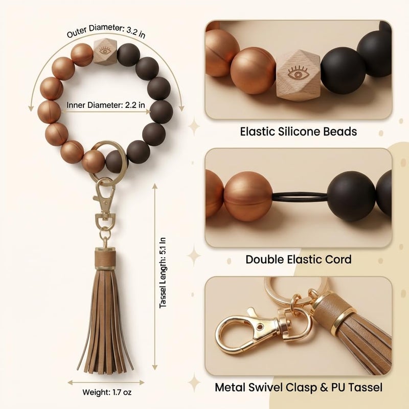BIHRTC Silicone Beaded key Ring Wristlet PU Leather Tassel Keychain Bracelet Charm Portable House Car Keys Ring Holder Bangle Keychain Wristlet for Women Girls Wrist Key Chain - Image 2
