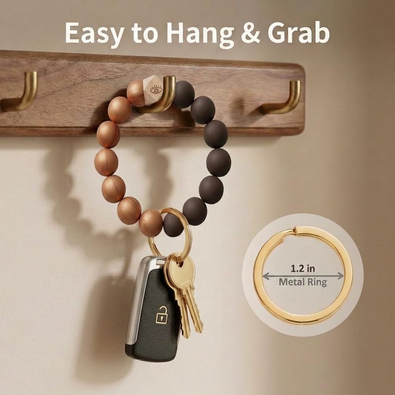 BIHRTC Silicone Beaded key Ring Wristlet PU Leather Tassel Keychain Bracelet Charm Portable House Car Keys Ring Holder Bangle Keychain Wristlet for Women Girls Wrist Key Chain - Image 3