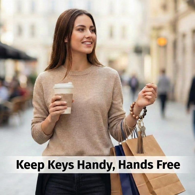 BIHRTC Silicone Beaded key Ring Wristlet PU Leather Tassel Keychain Bracelet Charm Portable House Car Keys Ring Holder Bangle Keychain Wristlet for Women Girls Wrist Key Chain - Image 5