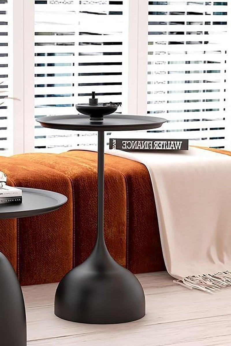 Black Round Side Table – Modern Coffee End Table with Tray Top, Small Bedside Nightstand & Sofa Table for Living Room, Bedroom, Balcony & Small Spaces, 60x40cm - Image 1