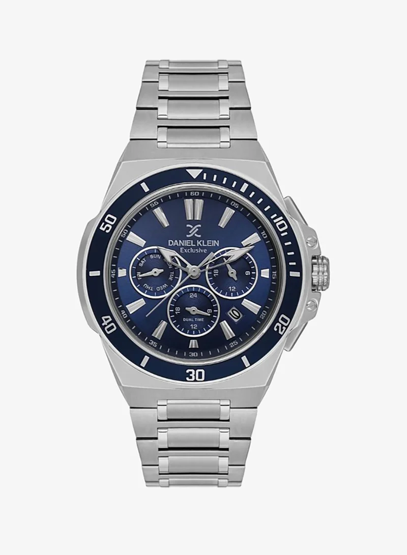 DANIEL KLEIN Men's Stainless Steel Silver Alloy Case Analog Dark Blue Round Sunray Dial Japanese Quartz Exclusive 50 Meters Water Resistant