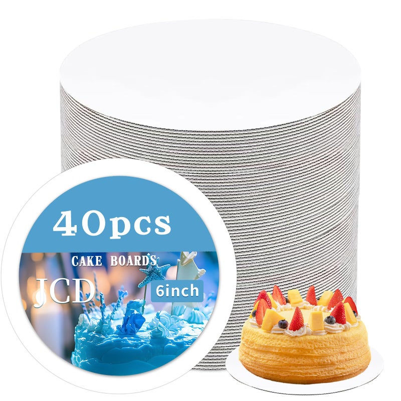 JCD 40 Pcs Cake Trays, White Cake Boards 6 inch Round for Cake DIY, Food-Graded Cardboard Cake Rounds Cake Base, Waxed Greaseproof Finish Cake Boards, Dessert and Crafts Display(White, 6inch/40Pcs) - Image 1