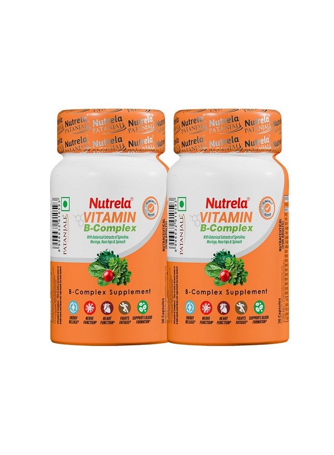 Nutrela B Complex with B1, B2, B3, B5, B6, B7, B9, & Vitamin B12 for Men & Women | Vitamins, Moringa and Spirulina for Energy, Gut, Immunity & Brain Health - 30 Veg Capsules (Pack of 2) - Image 1