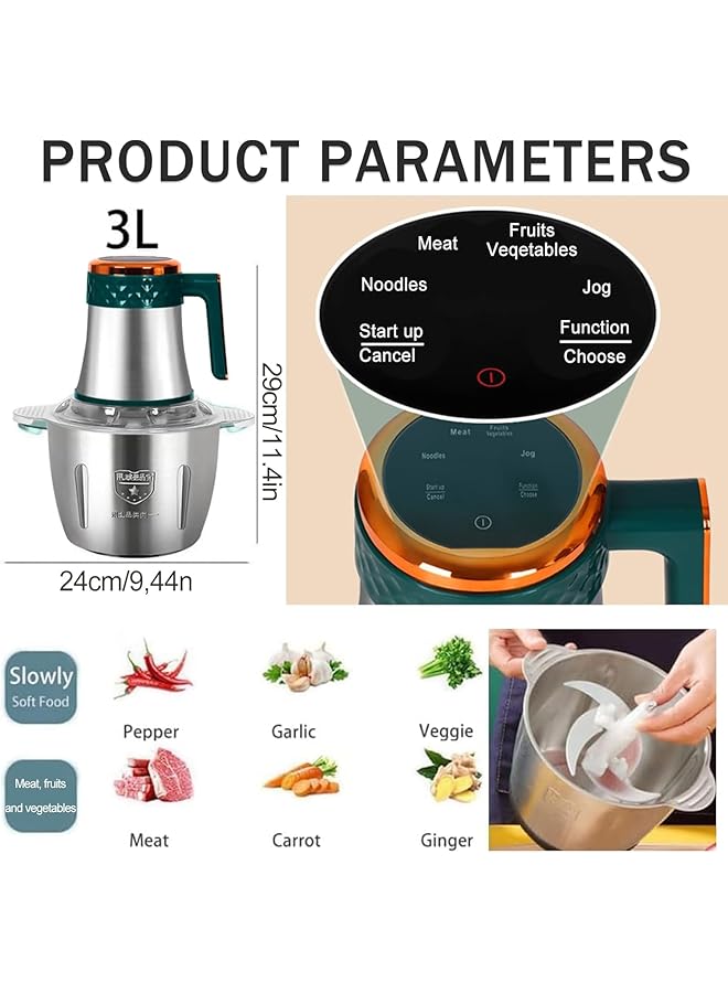 erorex Food Chopper Meat Grinder Electric Meat Grinder 3L With Bi Level Blades With 1 Stainless Steel And Glass Bowls Levels Touch Screen 300W Food Processor Chopping Meat Vegetables Fruits And Nuts  - Image 2