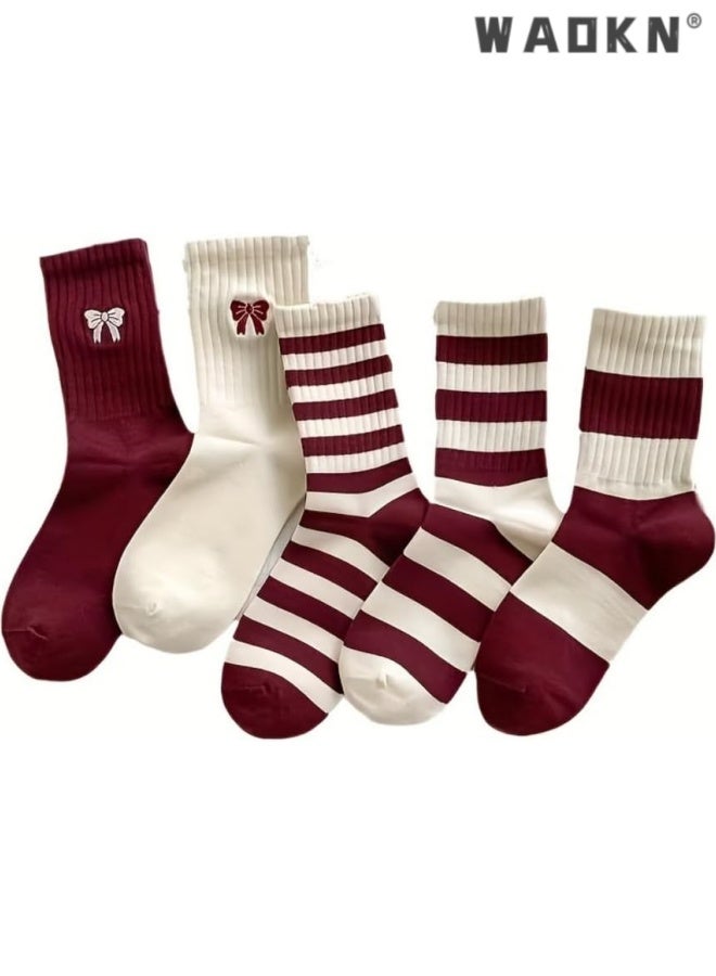 WAOKN 5pcs socks , Burgundy Striped Socks 5 Pcs Set Winter Crew Socks Women Y2k Cute Warm Aesthetic , Trendy and versatile , soft and comfortable , Sweat absorption, odor prevention, anti slip , suitable for women , red and white . - Image 1