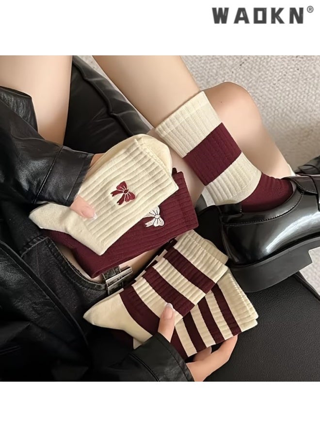 WAOKN 5pcs socks , Burgundy Striped Socks 5 Pcs Set Winter Crew Socks Women Y2k Cute Warm Aesthetic , Trendy and versatile , soft and comfortable , Sweat absorption, odor prevention, anti slip , suitable for women , red and white . - Image 3