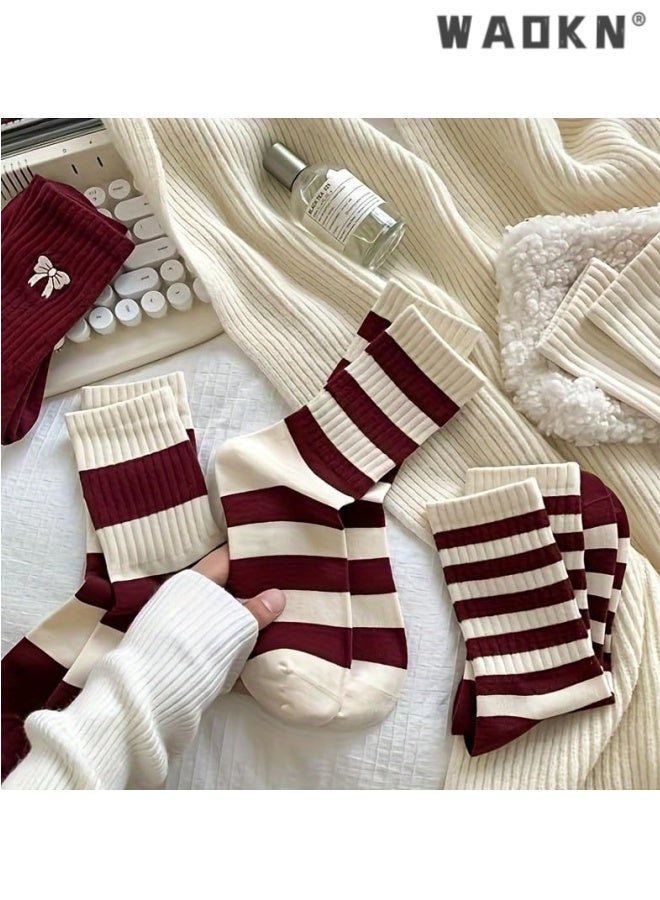 WAOKN 5pcs socks , Burgundy Striped Socks 5 Pcs Set Winter Crew Socks Women Y2k Cute Warm Aesthetic , Trendy and versatile , soft and comfortable , Sweat absorption, odor prevention, anti slip , suitable for women , red and white . - Image 4
