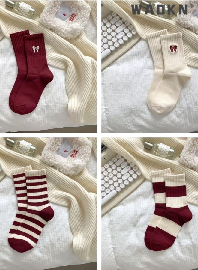 WAOKN 5pcs socks , Burgundy Striped Socks 5 Pcs Set Winter Crew Socks Women Y2k Cute Warm Aesthetic , Trendy and versatile , soft and comfortable , Sweat absorption, odor prevention, anti slip , suitable for women , red and white . - Image 5