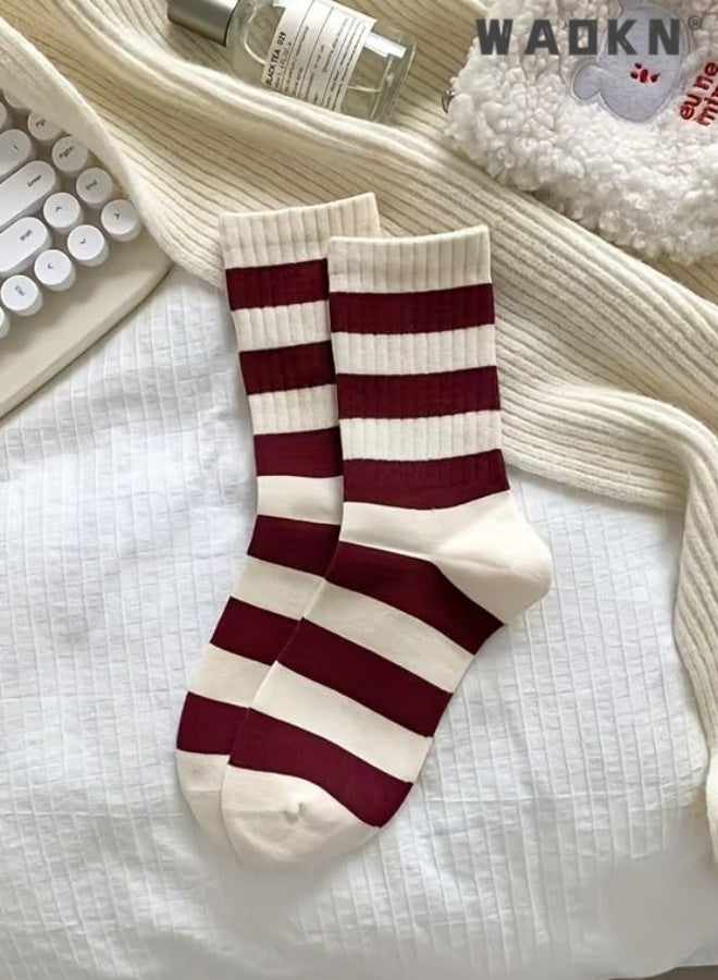 WAOKN 5pcs socks , Burgundy Striped Socks 5 Pcs Set Winter Crew Socks Women Y2k Cute Warm Aesthetic , Trendy and versatile , soft and comfortable , Sweat absorption, odor prevention, anti slip , suitable for women , red and white . - Image 2