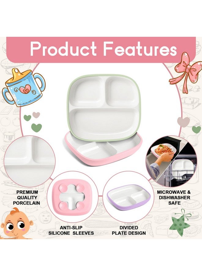 Domensi 3 Sets Kids Porcelain Plates with Silicone Sleeves 8.2 Inch Divided Porcelain Plate Toddler White Suction Dishes for Baby Troubleless Eating Microwave Dishwasher Safe (Classic) - Image 4