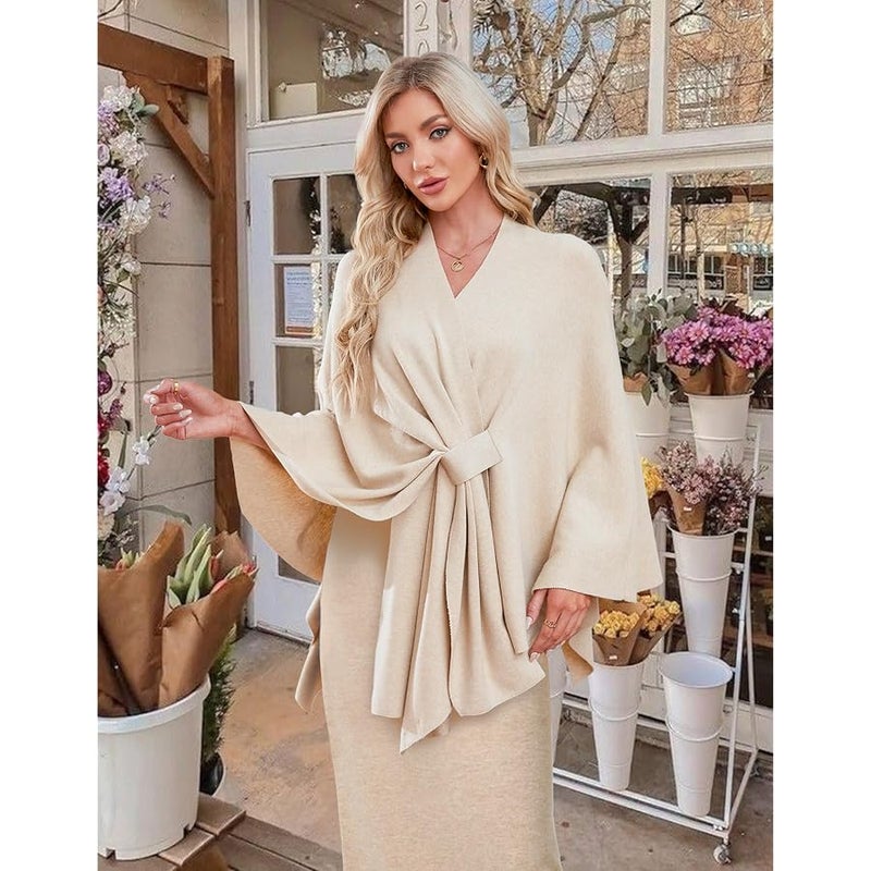 Puli Women Elegant Shawl Wrap Open Front Poncho Sweater Spring Fall Winter - Image 2