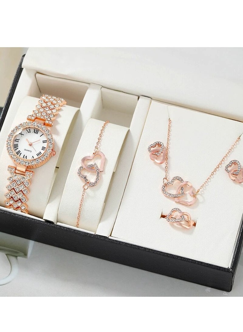 [2025 New Design]Ladies Watch Fashionable Women Quartz Diamond Wristwatch Classic Simple Watches Business Decoration Bangle Bracelet Necklace Ring Earring Girl Gift Set  - Image 1