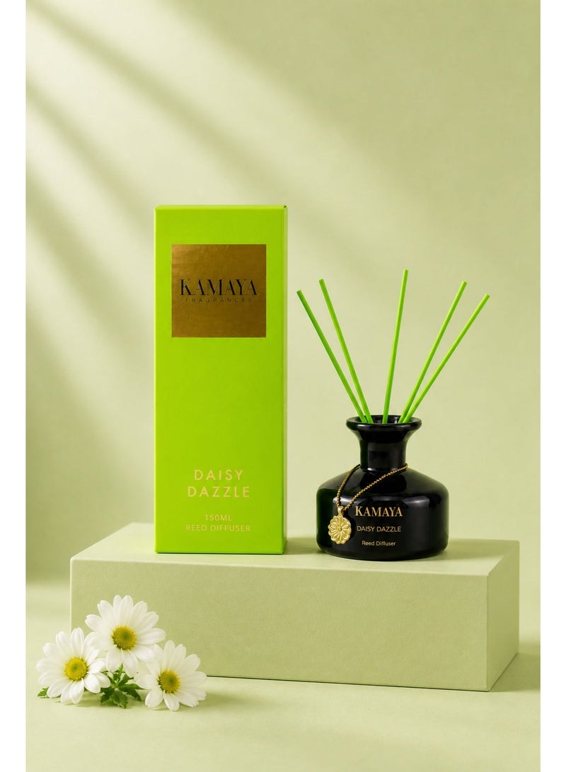 KAMAYA 150 ml Reed diffuser in black jar, with a handmade metal decorative pendant | Long lasting fragrance, Floral daisy fragrance with two sets of reeds | in bright decorative gift box for occasions - Image 1