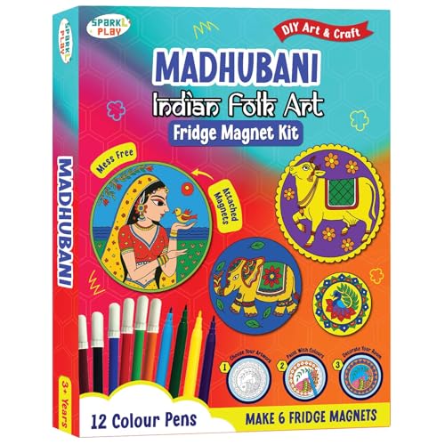 SparkLPlay DIY Madhubani Art Kit for Kids. Coloring Set with - 6 Magnetic Cutouts, 12Color Pens & Booklet. Creative Art & Craft. Mess Free. Gifts for Kids. - Image 1