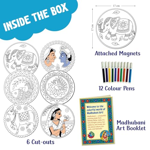 SparkLPlay DIY Madhubani Art Kit for Kids. Coloring Set with - 6 Magnetic Cutouts, 12Color Pens & Booklet. Creative Art & Craft. Mess Free. Gifts for Kids. - Image 2