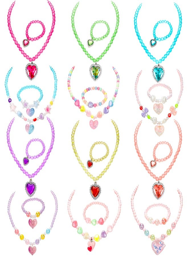 Swakuta 24 Pcs Girls Jewelry Set Include 12 Kids Necklace Choker and 12 Beaded Bracelet Princess Pretend Toddler Necklace Bracelet for Birthday Gift Costume Party Favors - Image 1