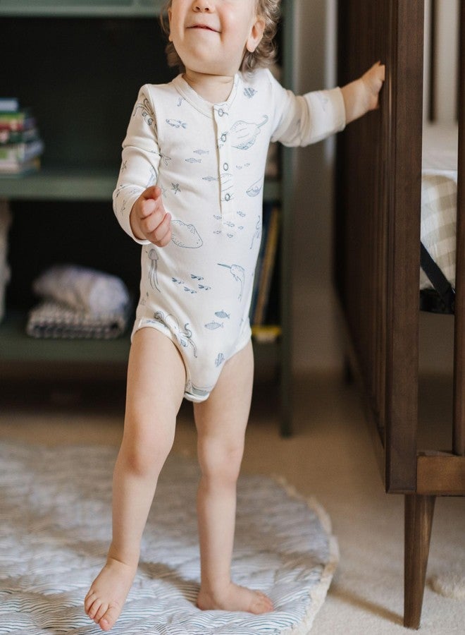 PEHR Long Sleeve Henley One-Piece, Life Aquatic | Organic Cotton Baby Romper | Ocean-Inspired Unisex Print | Sizes 6-12 Months - Image 3