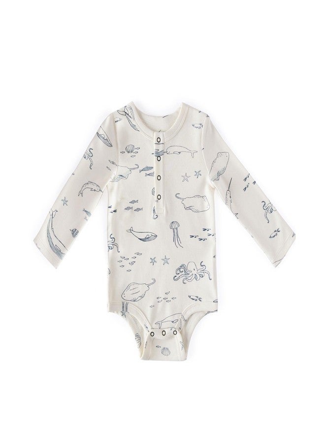 PEHR Long Sleeve Henley One-Piece, Life Aquatic | Organic Cotton Baby Romper | Ocean-Inspired Unisex Print | Sizes 6-12 Months - Image 1