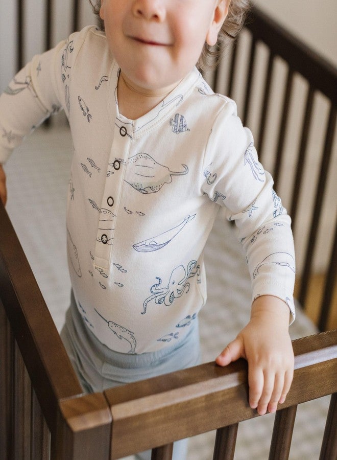 PEHR Long Sleeve Henley One-Piece, Life Aquatic | Organic Cotton Baby Romper | Ocean-Inspired Unisex Print | Sizes 6-12 Months - Image 2