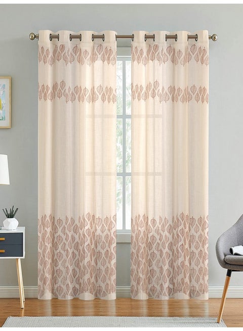 LINENWALAS Cotton Linen Vintage Leaf Sheer Curtain Set with Eyelet Rings Non Blackout Window Curtain - Set of 2 - Vintage Leaf- 4.5ft x 5ft