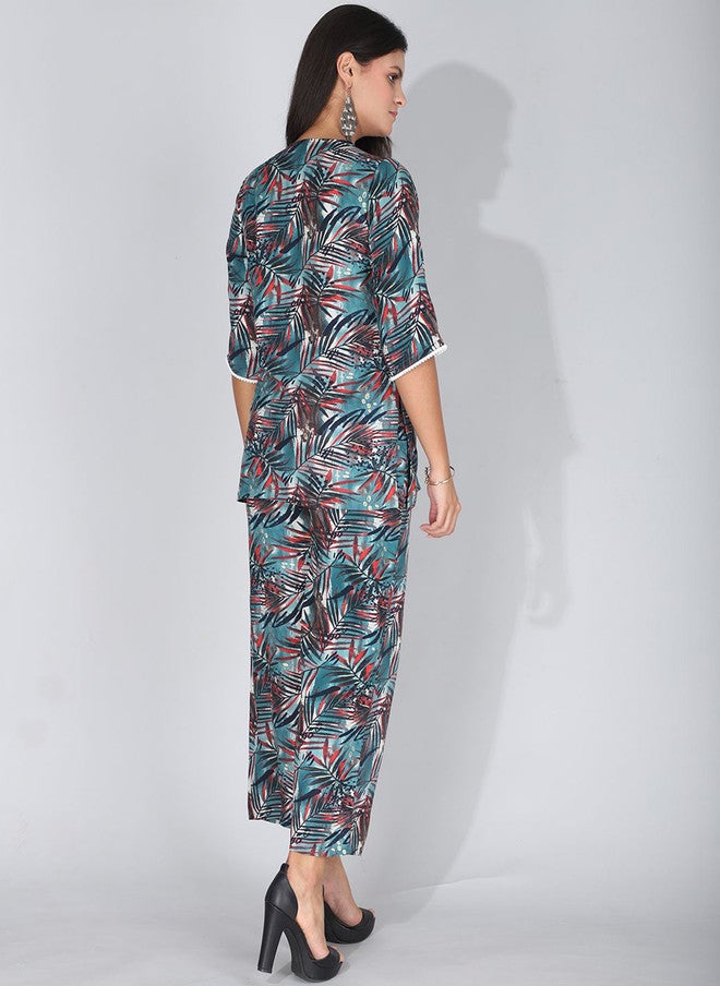 FIMS تونيك مطبوع بياقة على شكل V مع بنطلون Palazzo - Image 5