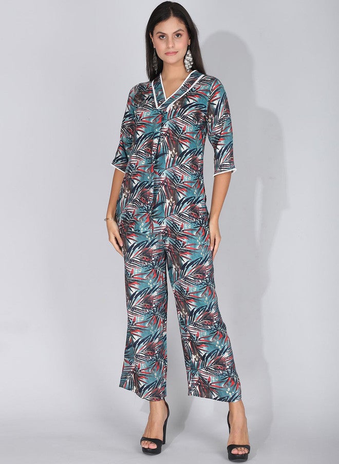 FIMS تونيك مطبوع بياقة على شكل V مع بنطلون Palazzo - Image 1