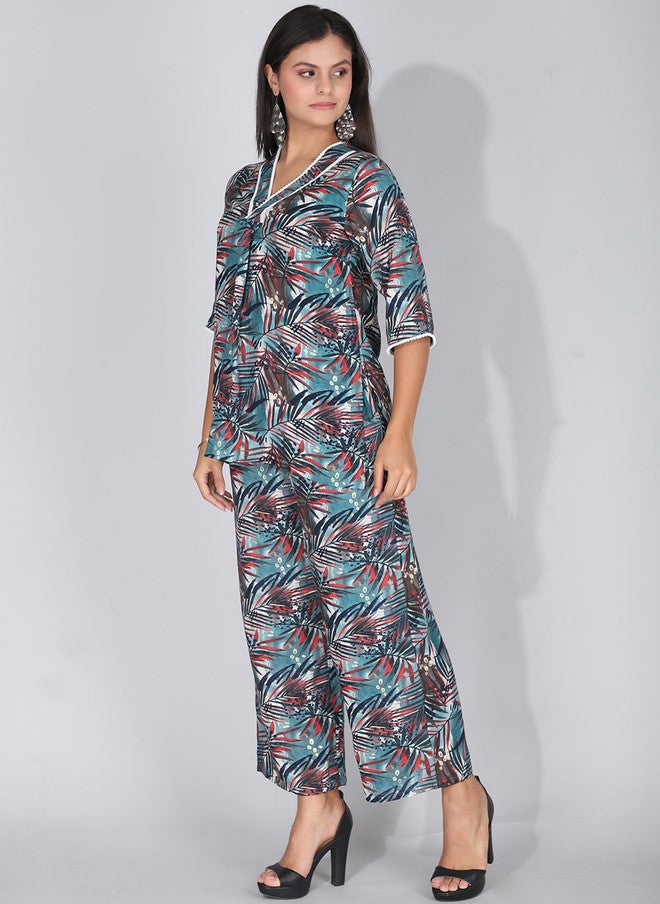 FIMS تونيك مطبوع بياقة على شكل V مع بنطلون Palazzo - Image 4