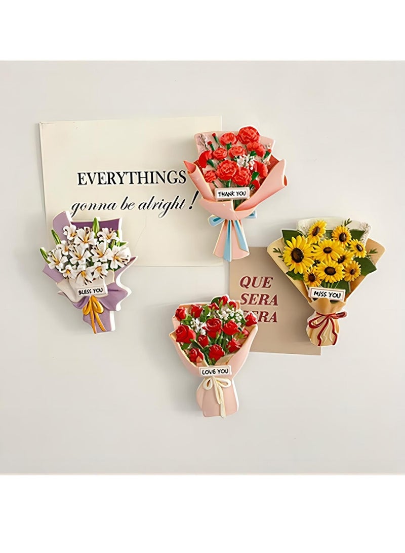 Excefore Refrigerator Magnets, 4PCS Mini Rose Carnation Sunflower Lily Resin Magnets, Storage Cabinet Whiteboard Home Office Decoration with Cute Magnets - Image 4