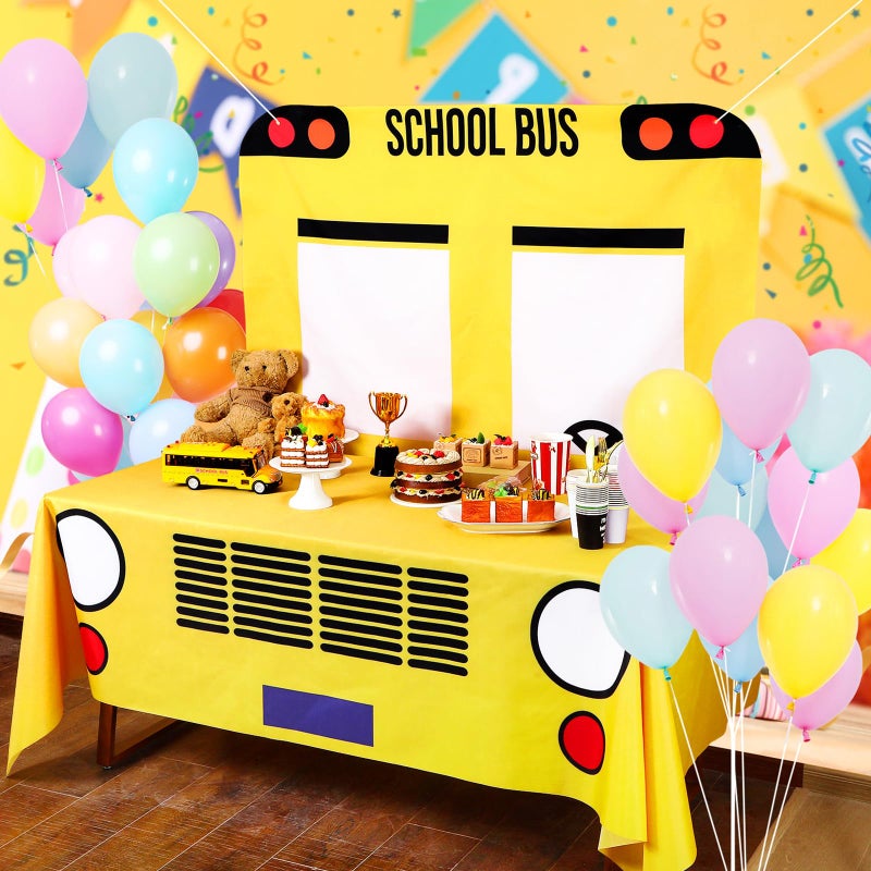 Oudain 2 Pcs School Bus Party Decorations First Day of School Banner and Tablecloth Yellow Bus Tablecover and Backdrop for Boys Girls English Teacher Birthday Theme Party Favor(107.9 x 53.9 Inches) - Image 1