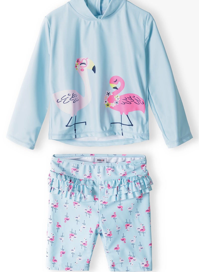 MINOTI Kids Girls' Two-Piece Swim Set – Long Sleeve Top & Ruffle Shorts  - Image 1