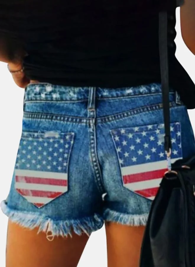 يونيكي Blue Printed Denim Shorts