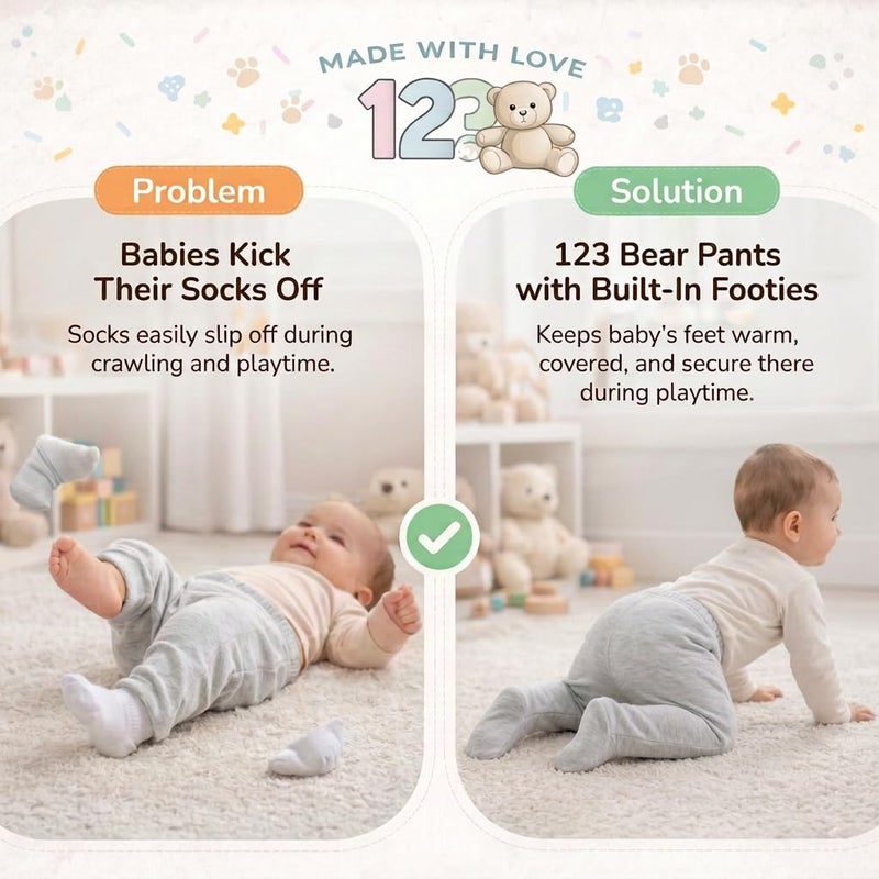 123 Bear Baby Soft Cotton Spandex Pants with Feet Multipack (Gray- 4-Pack, Newborn) - Image 4