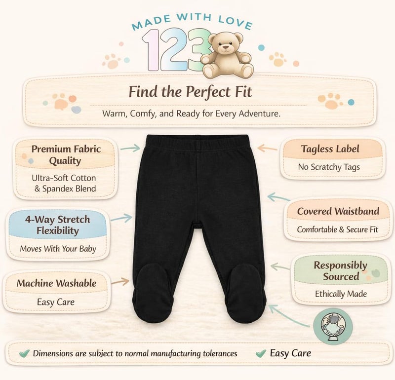 123 Bear Baby Soft Cotton Spandex Pants with Feet Multipack (Gray- 4-Pack, Newborn) - Image 2