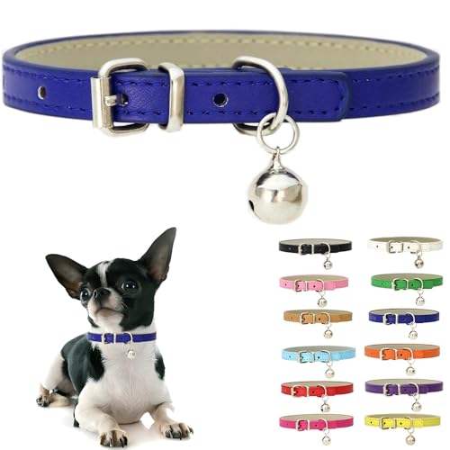 Weimostar Dark Blue XXS Dog Collar with Bell, Soft Pu Leather Cat Collars Adjustable Buckle for XS Extra Small Medium Tiny Female Male Boys Girls Pets Puppy Kitten Teacup Yorkie XX-Small - Image 1
