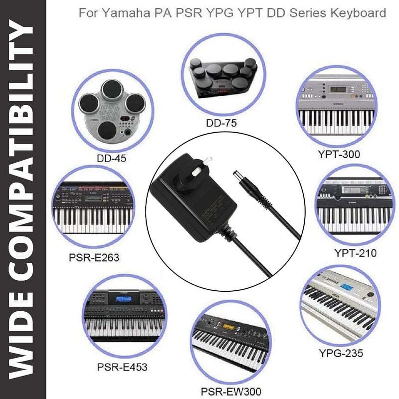 FEDUS 12V 2A Ac Power Supply Long Cord Charging Adapter for Yamaha Psr, YPG, Ypt, Dgx, Dd, Ez and P Digital Piano and Portable Keyboard Series, Replacement Pa-130 Pa-130B (3 Meter, Black) - Image 2