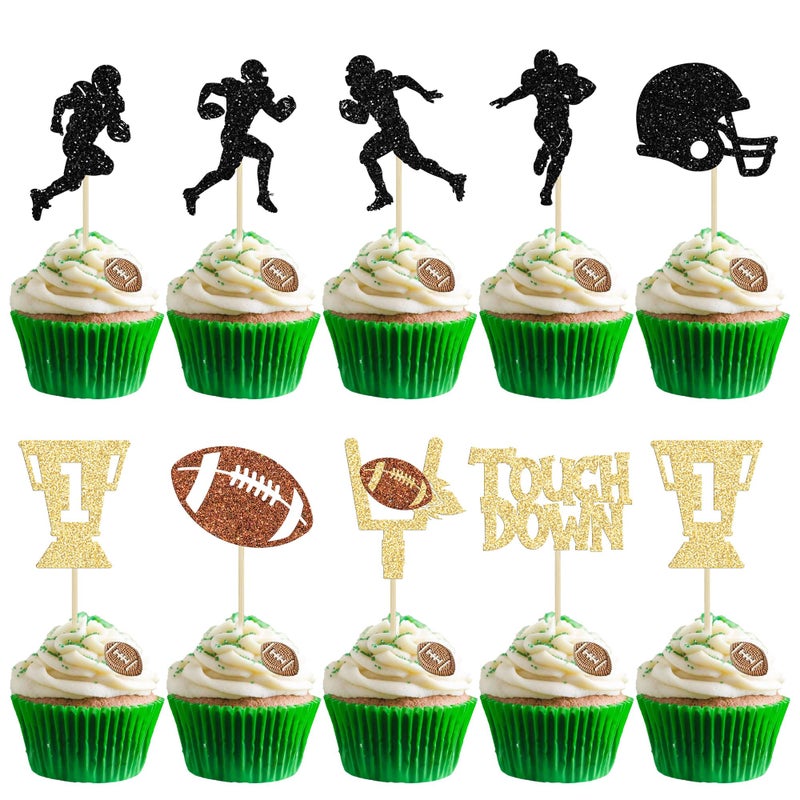 Ephlyn 36Pcs Rugby Ball Cupcake Toppers Glitter Trophy American Football Cupcake Picks Touchdown Player Cake Decorations for Super Bowl Rugby Sports Theme Baby Shower Kids Birthday Party Supplies - Image 1