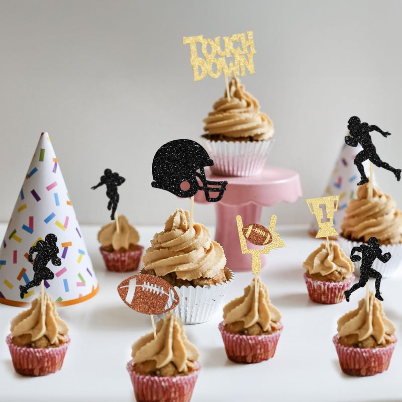 Ephlyn 36Pcs Rugby Ball Cupcake Toppers Glitter Trophy American Football Cupcake Picks Touchdown Player Cake Decorations for Super Bowl Rugby Sports Theme Baby Shower Kids Birthday Party Supplies - Image 5