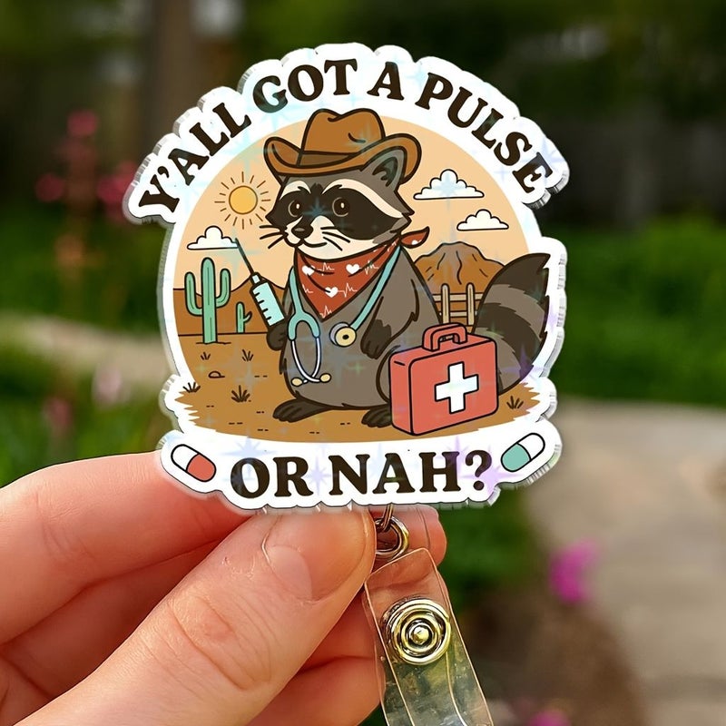 Adorable Western Raccoon Acrylic ID Card Holder for Nurses Medical Id Badge Clip - Image 1