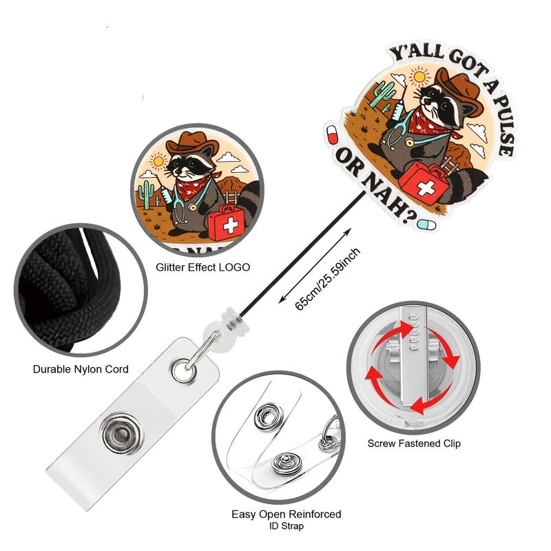 Adorable Western Raccoon Acrylic ID Card Holder for Nurses Medical Id Badge Clip - Image 2